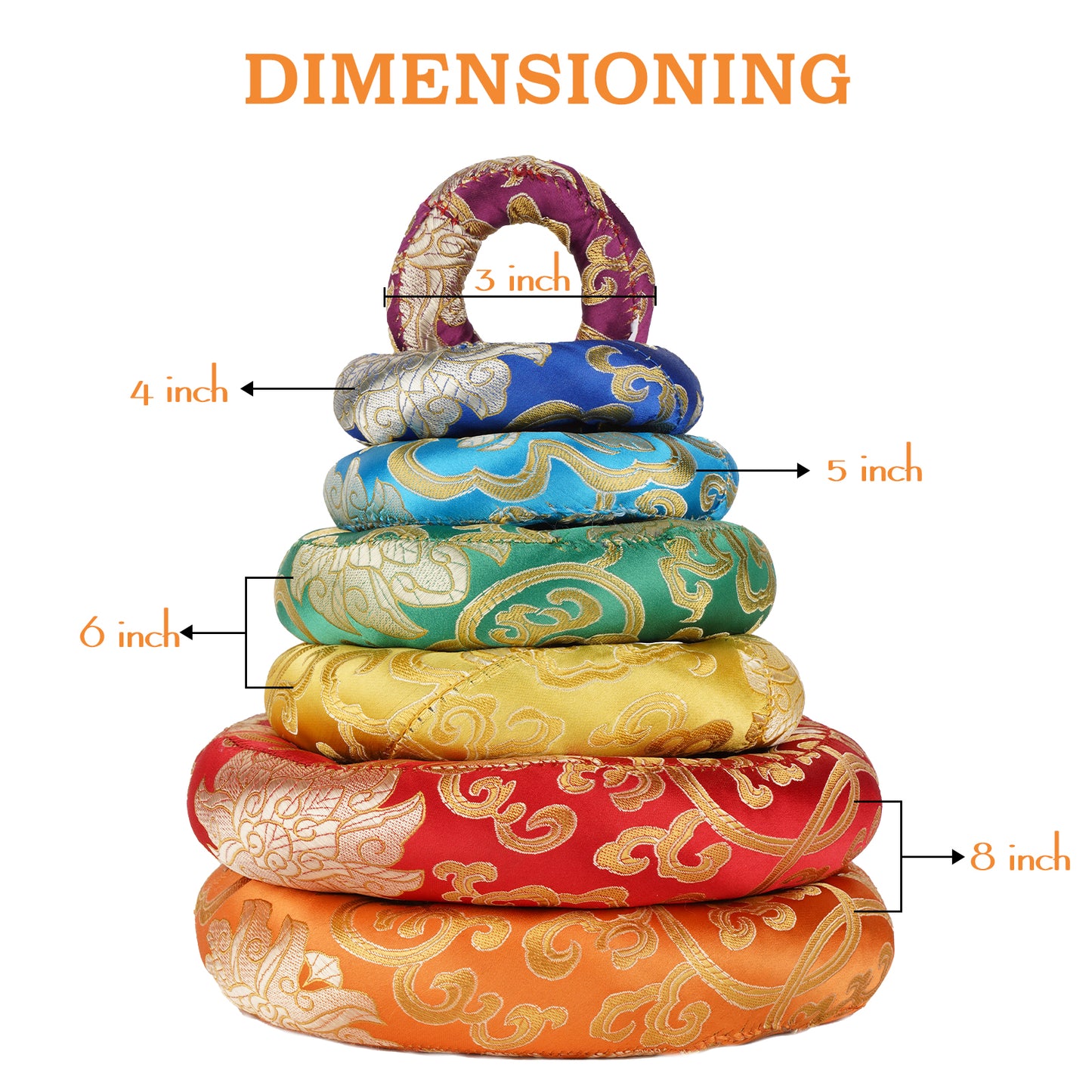 7 Pcs Silk Damask Ring Cushion Pillow, 7 Colors Ring Pillow For Tibetan Singing Bowl 100% Nepali Handmade