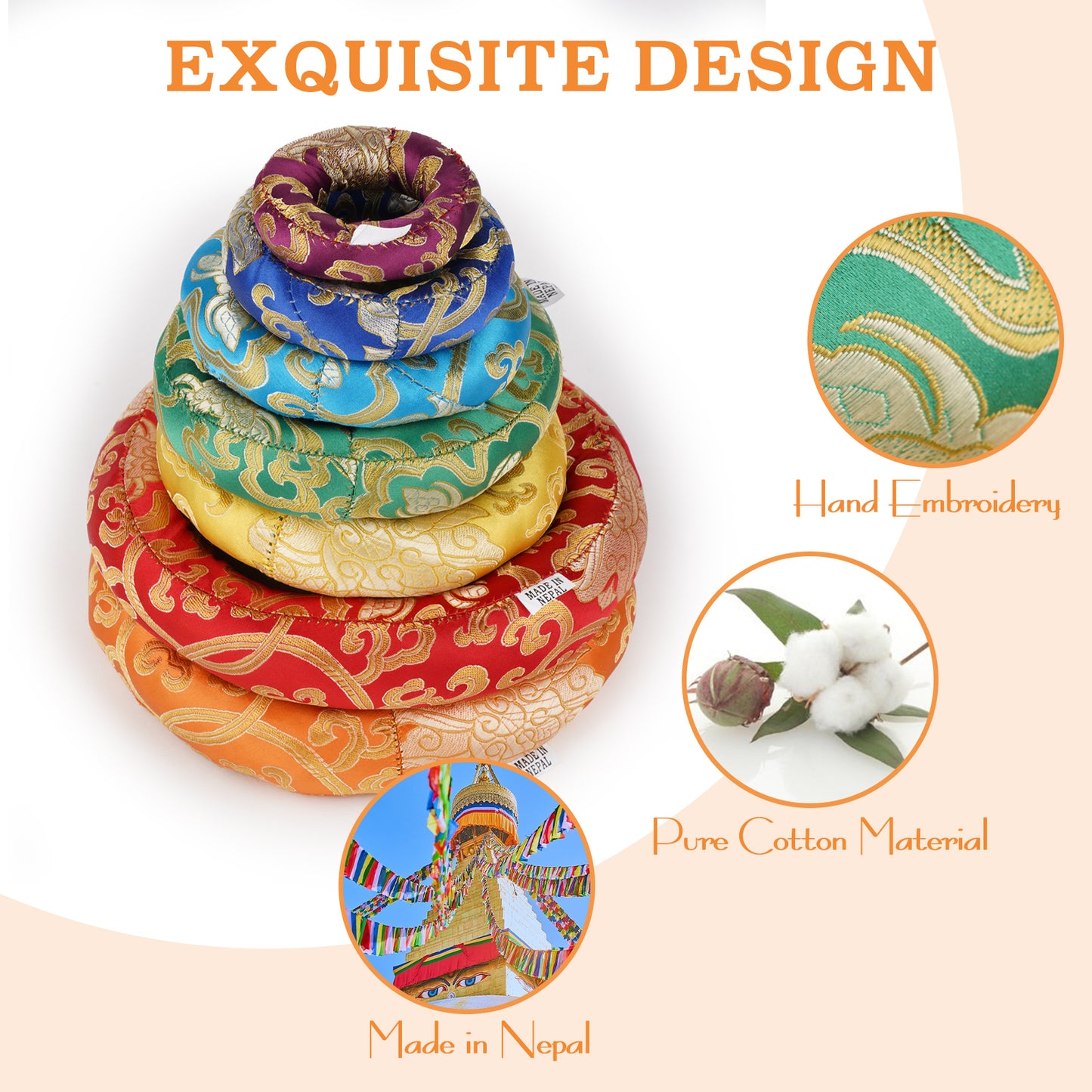 7 Pcs Silk Damask Ring Cushion Pillow, 7 Colors Ring Pillow For Tibetan Singing Bowl 100% Nepali Handmade