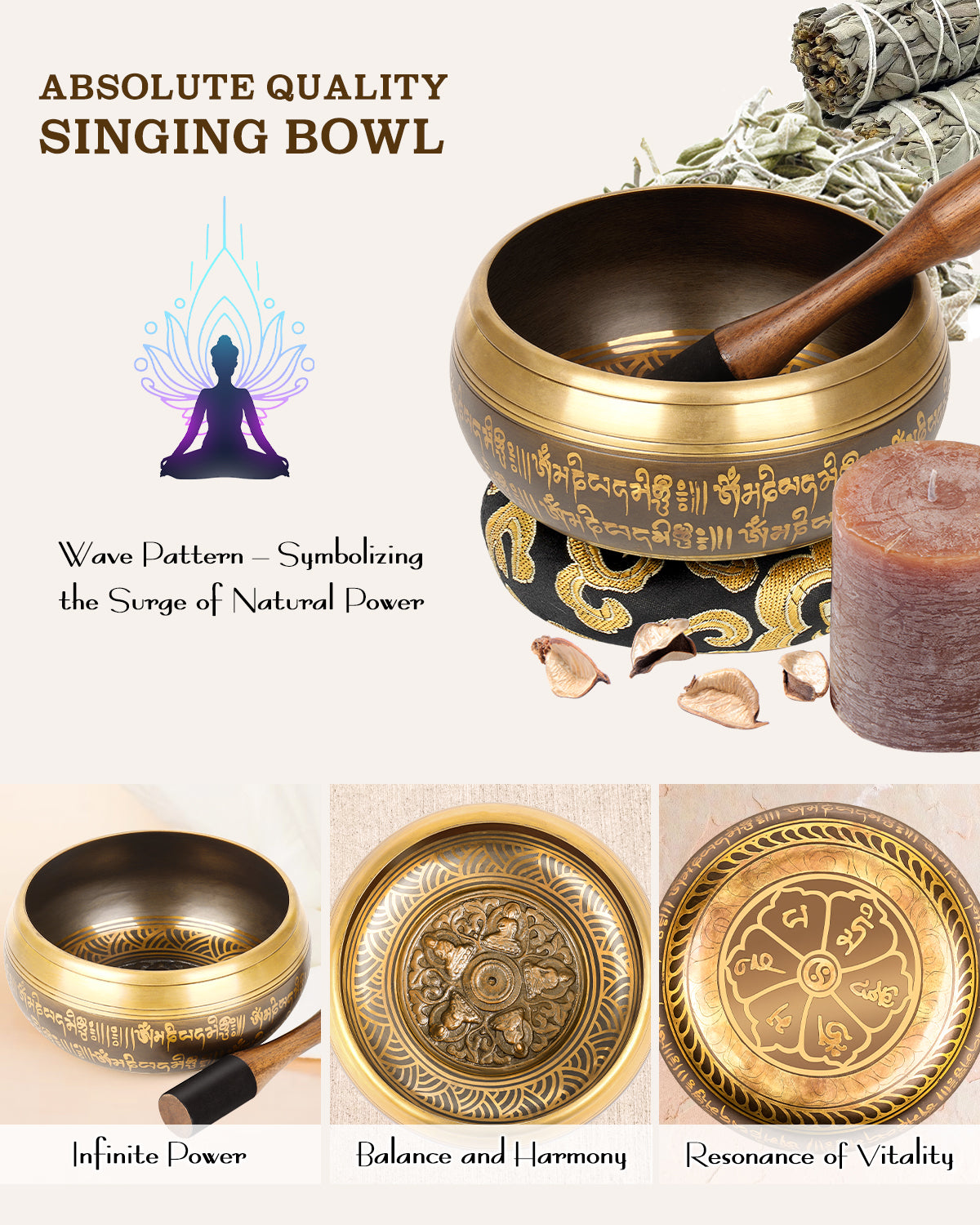 Tibetan Singing Bowl Set — Meditation Sound Bowl Handcrafted in Nepal for Yoga, Chakra Healing, Mindfulness, and Stress Relief — Self-Care Spiritual Gifts for Women and Men