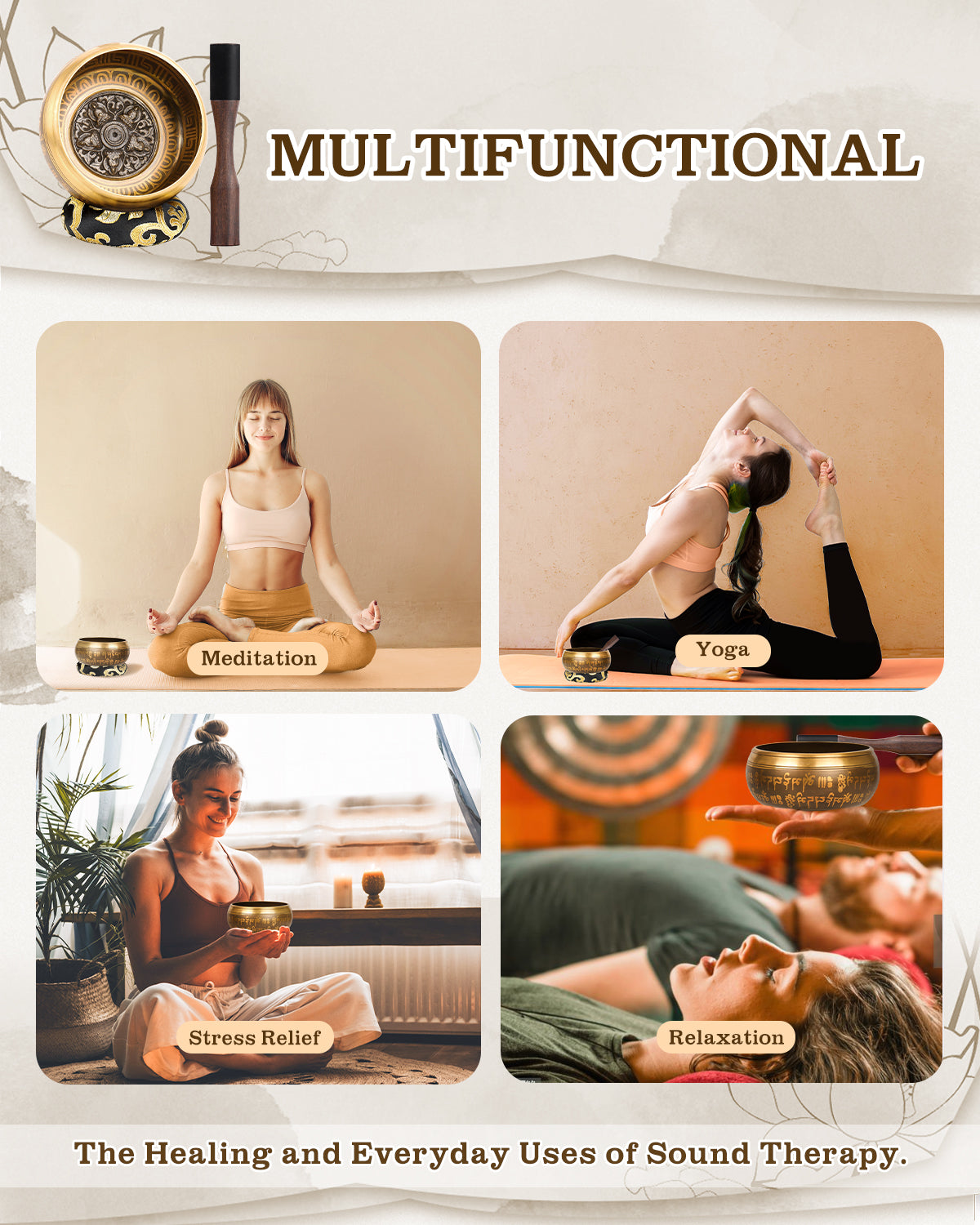 Tibetan Singing Bowl Set — Meditation Sound Bowl Handcrafted in Nepal for Yoga, Chakra Healing, Mindfulness, and Stress Relief — Self-Care Spiritual Gifts for Women and Men