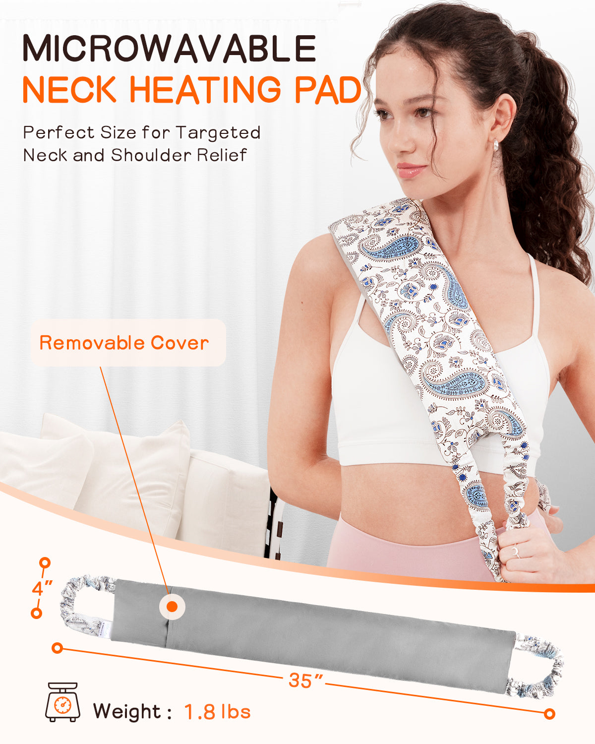 Heating Pad for Neck and Back, Extra Long Microwavable Weighted Moist Heat Pack, Reusable Neck and Back Wrap for Sore Muscles & Stress Relief