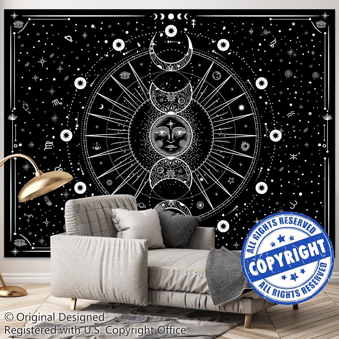 Sun Moon Tapestry Wall Hanging Stars Space Psychedelic Black and White Wall Tapestry Wall Tapestry for Bedroom Home Wall Drom Décor