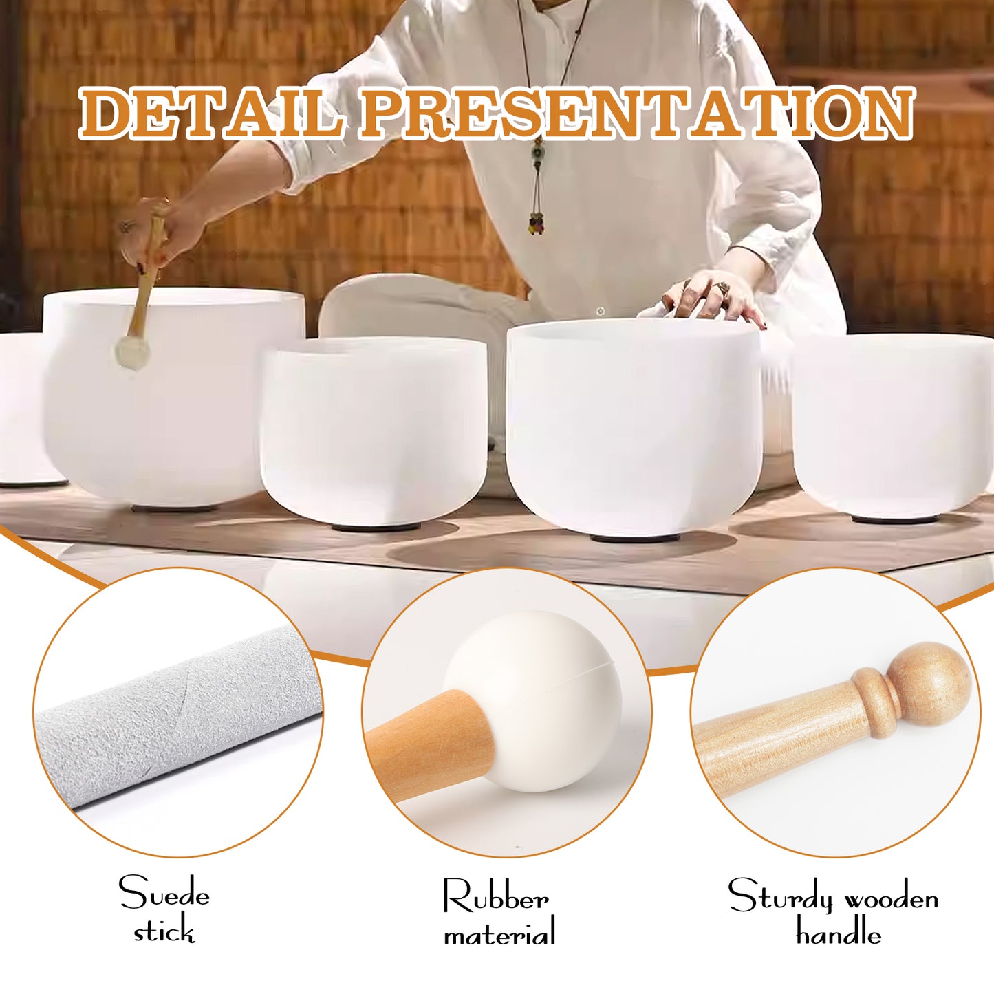 3 Singing Bowl Mallet Set, Crystal Rubber Mallet With Wooden Handle For Playing Singing Bowl, Tibetan Singing Bowl Mallet Meditation Accessories Meditation Yoga Relaxation Treatment Gift(white)