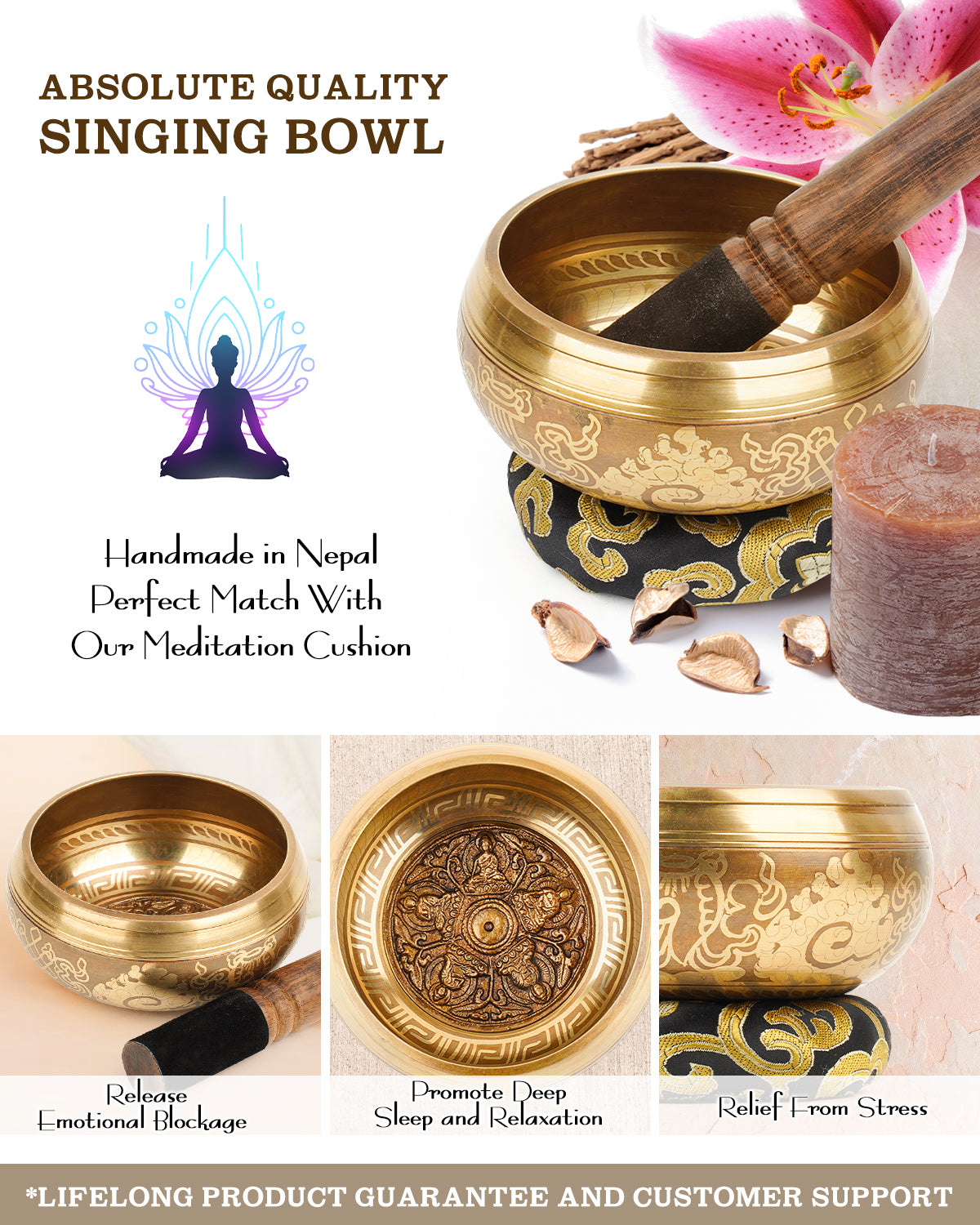 4.5” Large Tibetan Singing Bowls, Singing Sound Bowl Handcrafted in Nepal for Yoga,Chakra Healing,Stress Relief Self Care Gifts for Women and Men(4.5" Buddha)